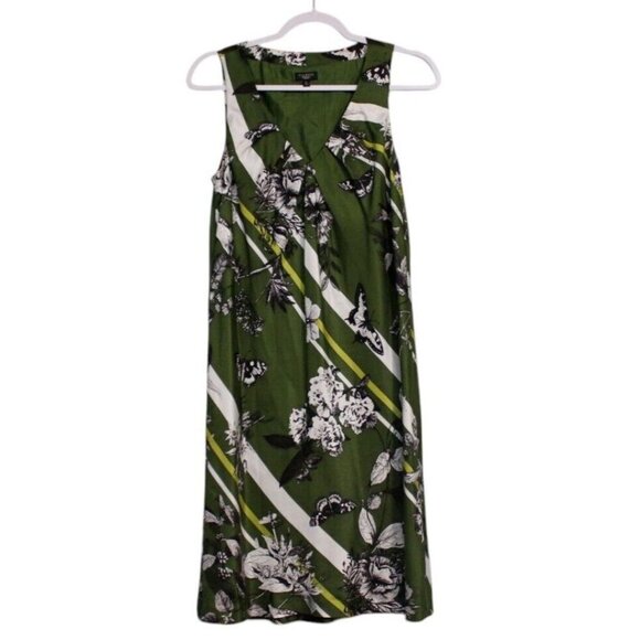 Talbots 100% Silk Dress Size 10 Petite Green Satin Floral Butterfly Formal Party - Picture 1 of 12